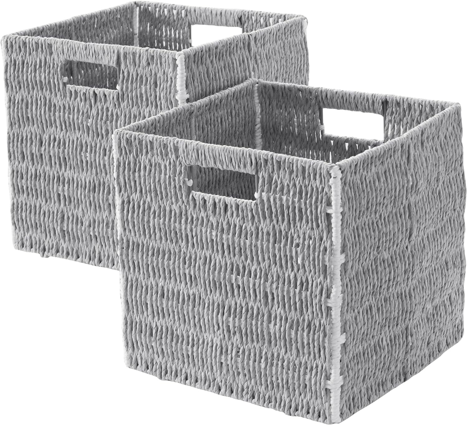 Ornavo Home 2 Pack Paper Wicker Storage Basket Cube Bin, Foldable Hand Woven Shelf Storage Bin Basket with Handles for Organizing, White/Gray
