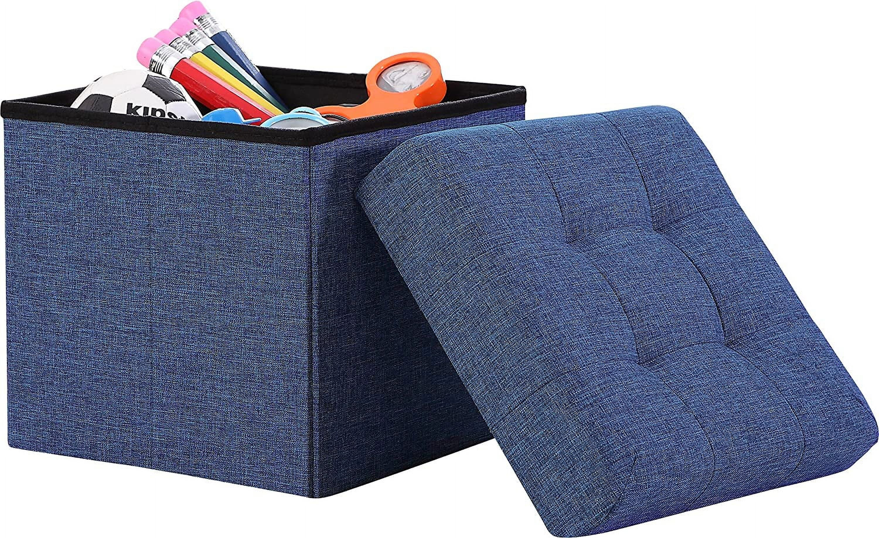Ornavo Home Foldable Tufted Linen Storage Ottoman Cube Foot Rest Stool Seat - 15" x 15" (Navy Blue)
