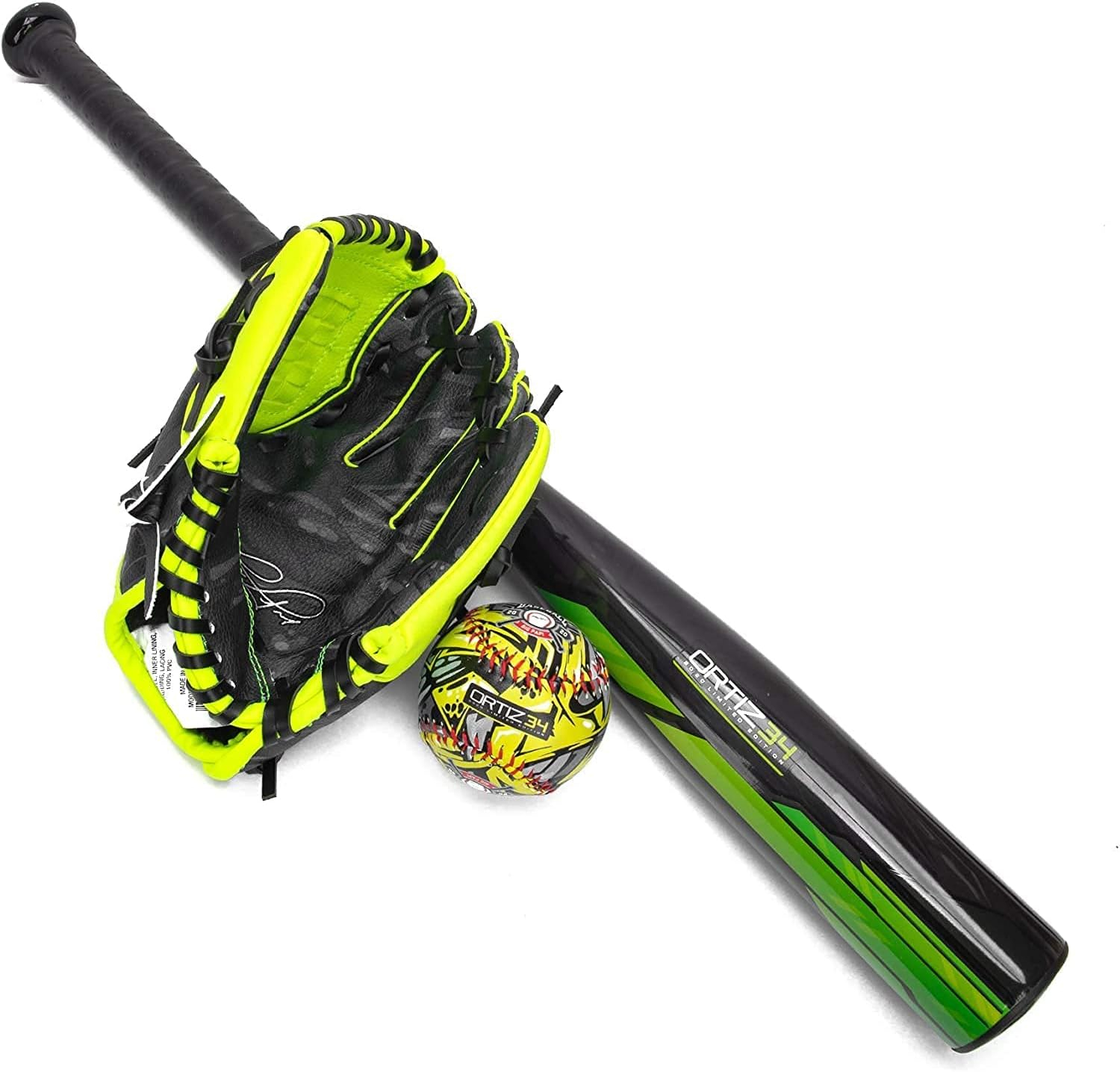 Ortiz34 Youth T-Ball Set, 25” Signature Aluminum T-Ball Bat with -10 Drop, Foam Core T-Ball, 9” Lightweight Youth Glove, Vibrant Graffiti Print