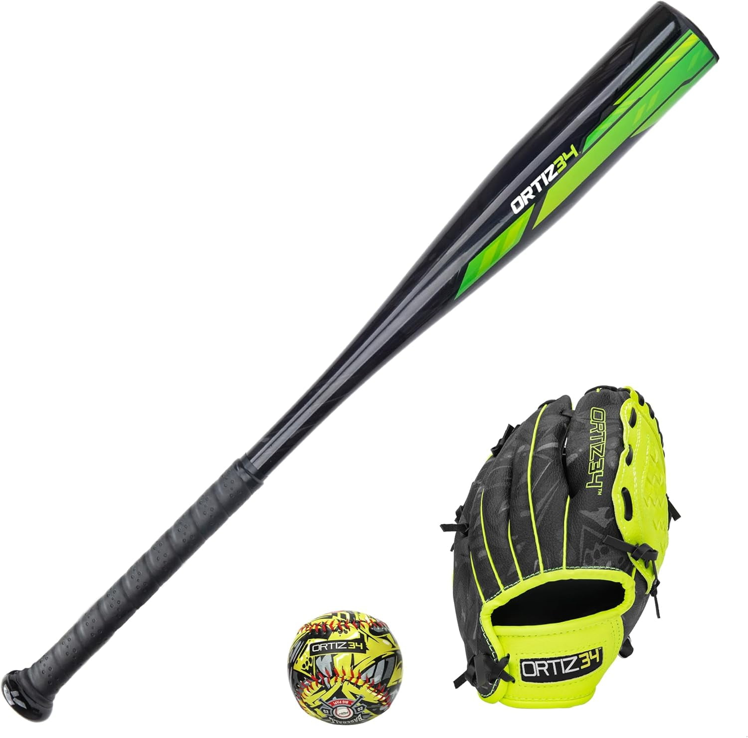 Ortiz34 Youth T-Ball Set, 25” Signature Aluminum T-Ball Bat with -10 Drop, Foam Core T-Ball, 9” Lightweight Youth Glove, Vibrant Graffiti Print