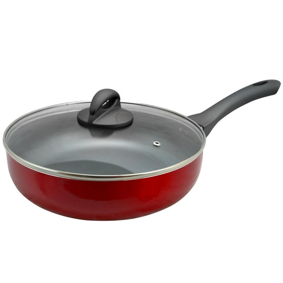 Oster Herscher 3.5 Qt Non-Stick Aluminum Saute Pan with Lid, Tanslucent Sauce, Translucent Red