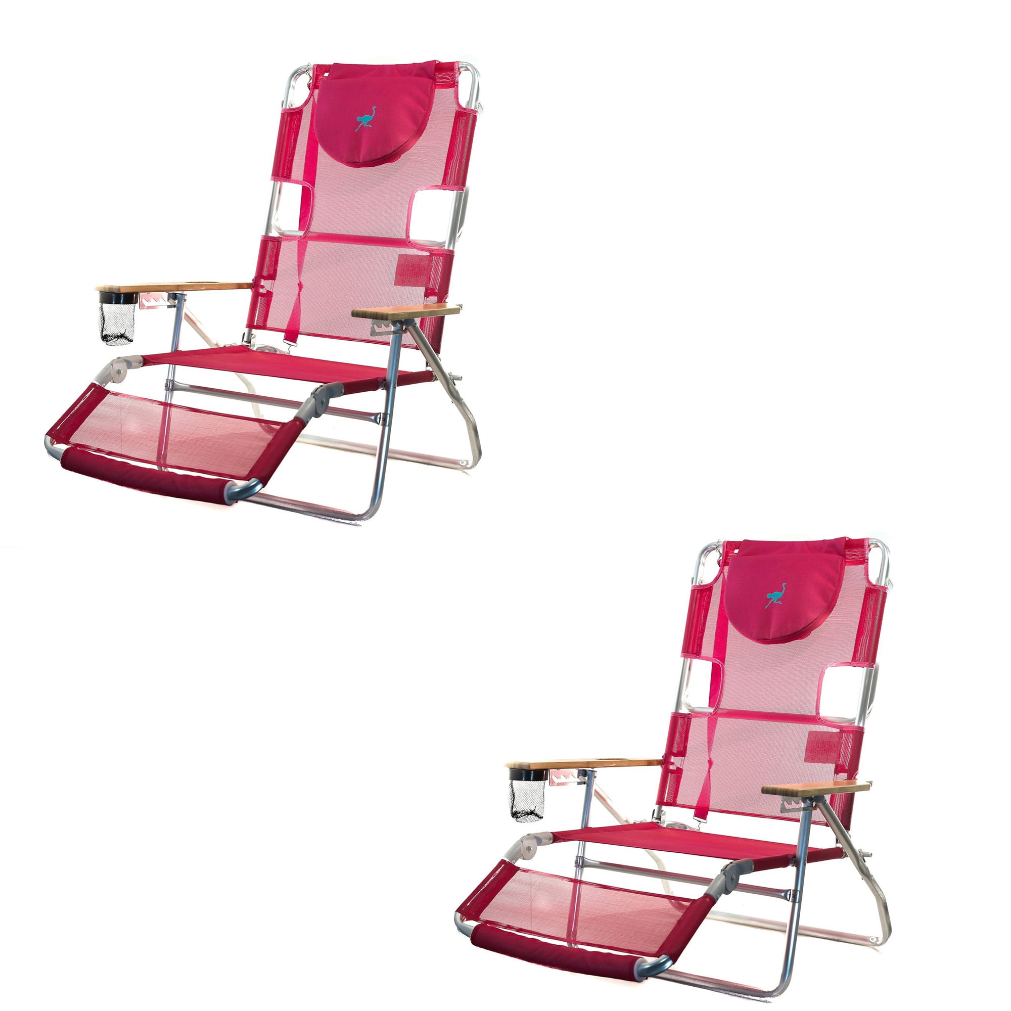 Ostrich 3-N-1 Light Aluminum Multi-Position Reclining Beach Chair, Pink (2 Pack)