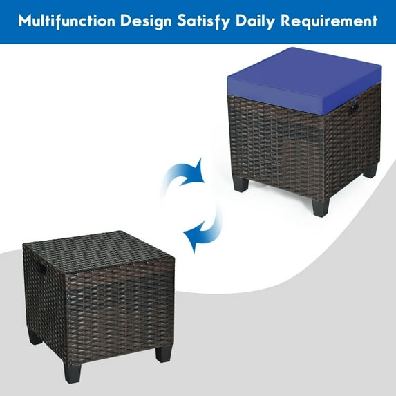 Outdoor Cushioned Rattan Wicker Ottomans (Set of 2) Navy