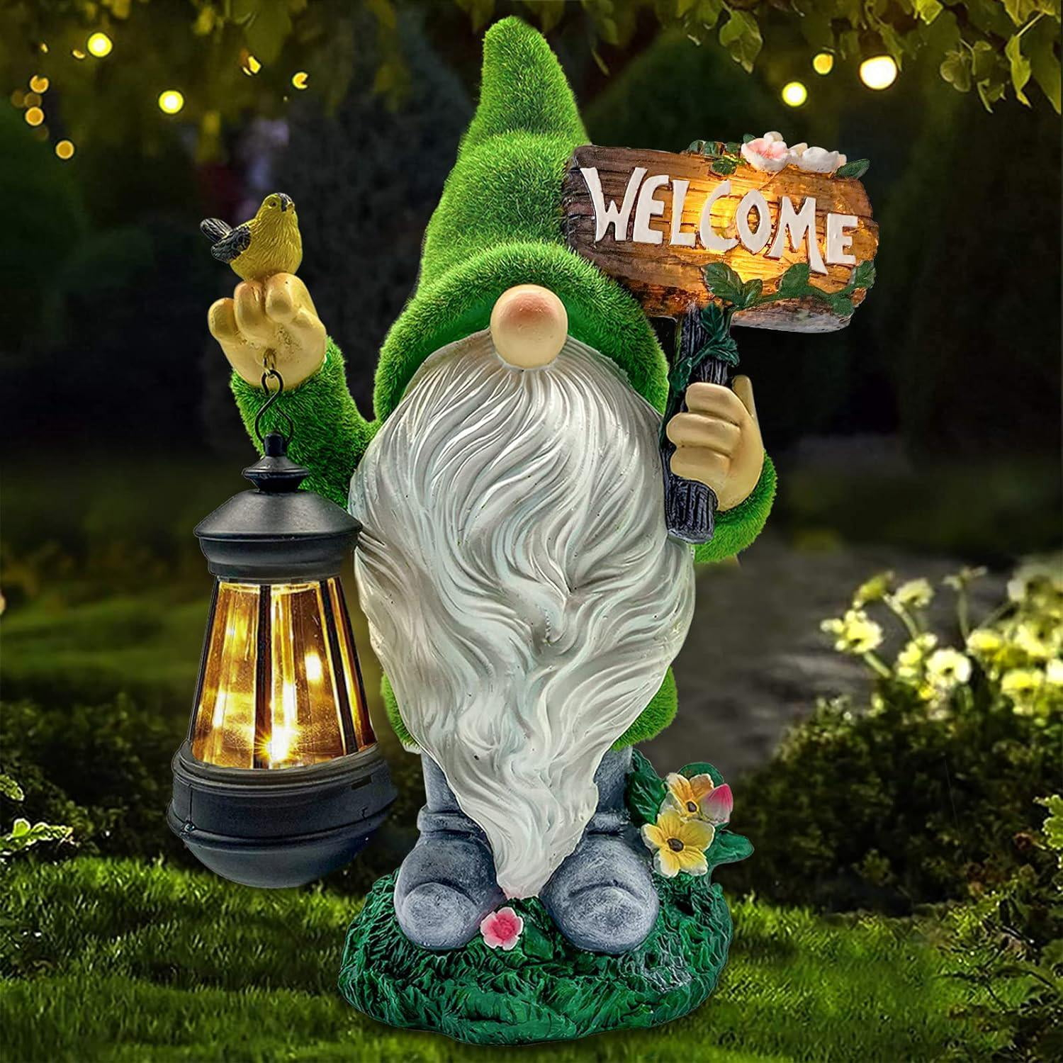 Outdoor Decor Large Flocked Resin Gnome Statue with Solar Lights and Lanterns Welcome Sign Garden Yard Decoration
