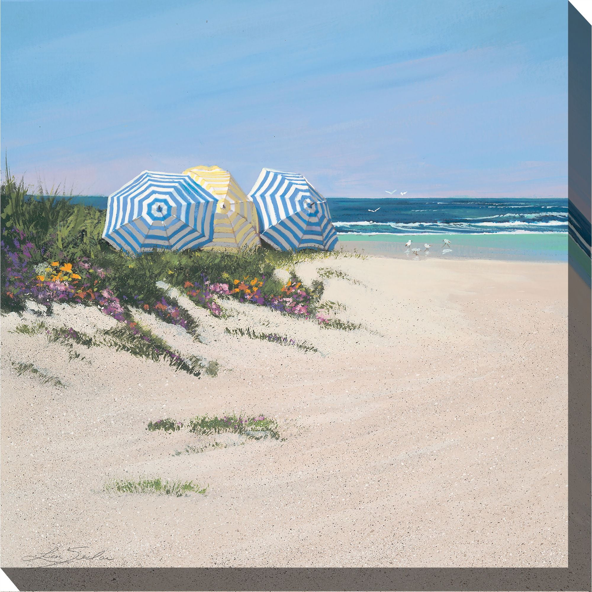 Outdoor Living and Style Blue and Yellow Beach Umbrellas Outdoor Canvas Square Wall Art Decor 24" x