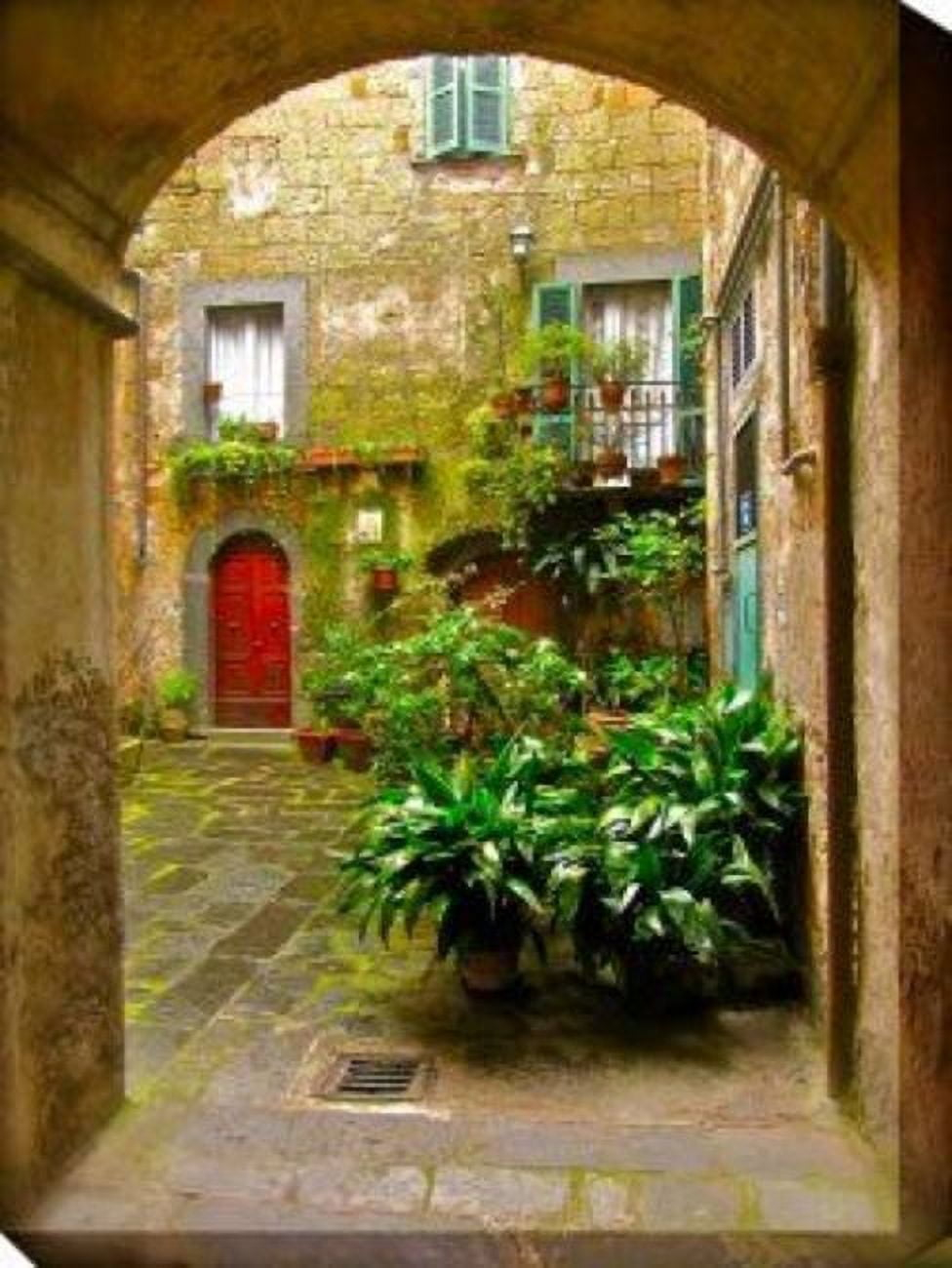 Outdoor Living and Style Green and Brown Italian Courtyard Outdoor Canvas Rectangular Wall Art Decor