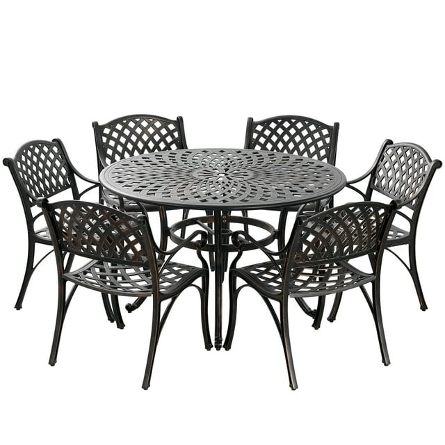 PATIO-IN Outdoor Dining Set, 7-Piece Cast Aluminum Patio Table and Chairs Set, Black
