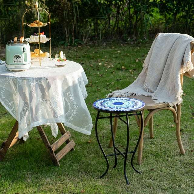 Outdoor Patio Side Table Round Ceramic Tile End Table Blue