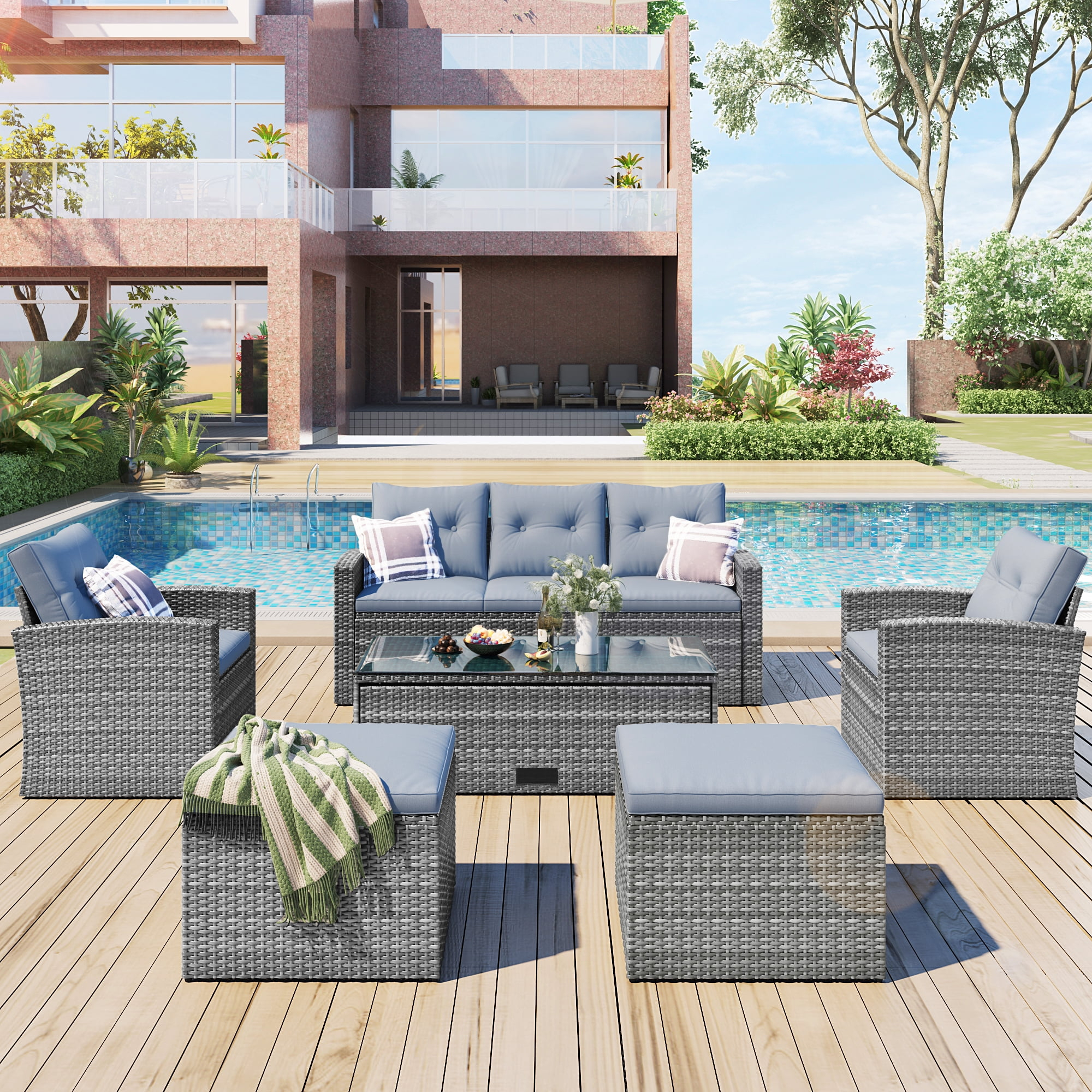Outdoor Sectional Sofa Set, Patio Outdoor Furniture Wicker with Powder Coated Steel and Cushions for Pool Backyard Lawn, Gray
