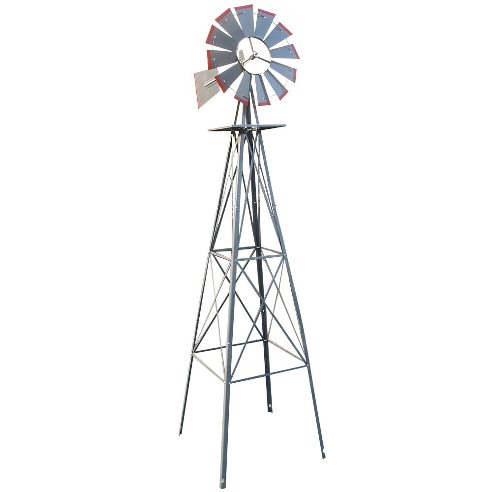 Outdoor Weather Resistant Yard Garden Windmill 8FT Gray&Red