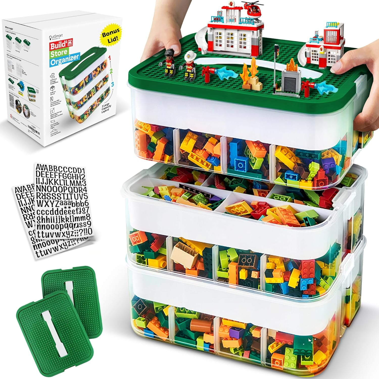 Plastic Stackable Toy Storage Organizer Bin for Lego, Building Bricks, Dolls and Crafts Organization, 3 Layers with Adjustable Compartments, ABC Stickers and 2 Lids Included