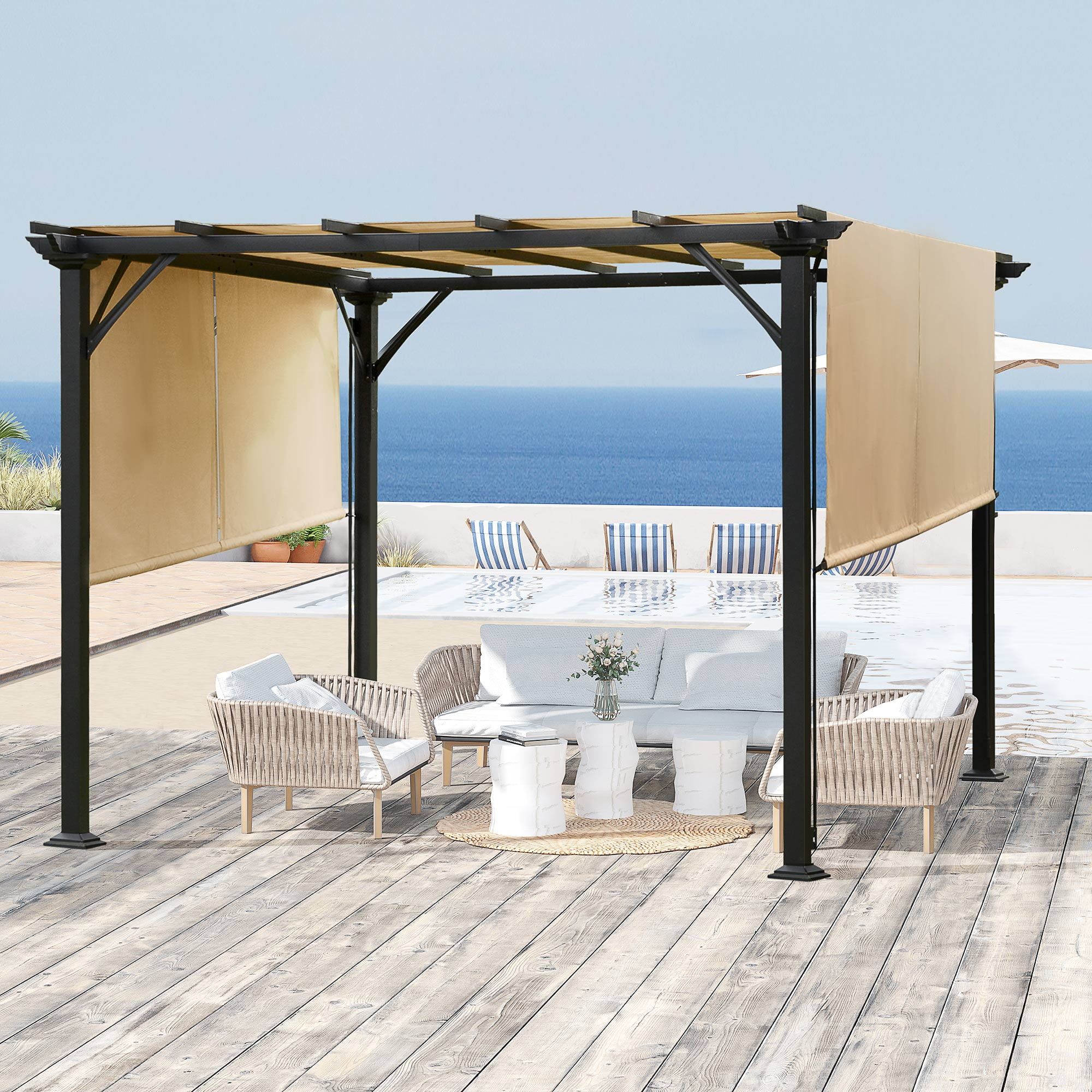 Outsunny 10' x 10' Outdoor Retractable Pergola Canopy with Sun Shade Unique Design Canopy Patio Metal Shelter for Garden Porch Beach, Beige