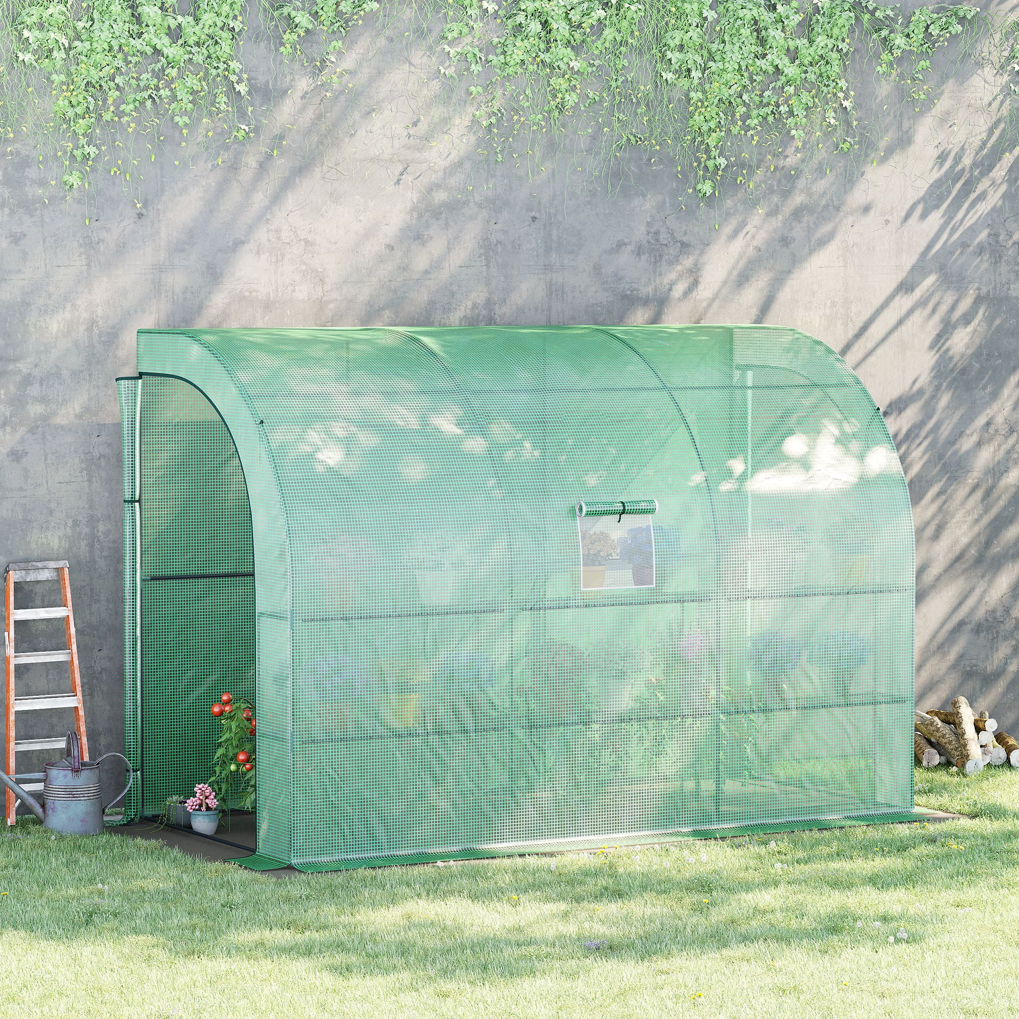 Outsunny 10' x 5' x 7' Lean to Greenhouse, Walk-In Green House, Plant Nursery with 2 Roll-up Doors and Windows, PE Cover and 3 Wire Shelves, Green