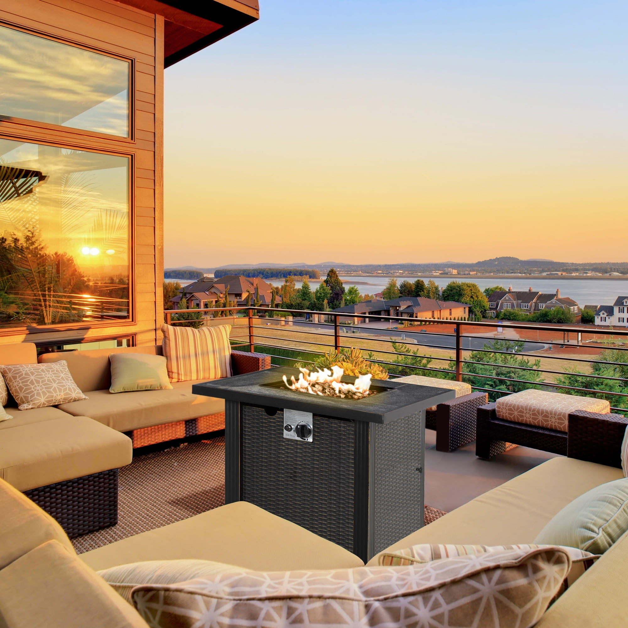 Outsunny 30 Inch Fire Pit Table, Propane Fire Table, 50,000BTU Auto Ignition Gas Firepits for Outdoor w/ Lid, Lava Rocks and Cover for Outdoor, Patio