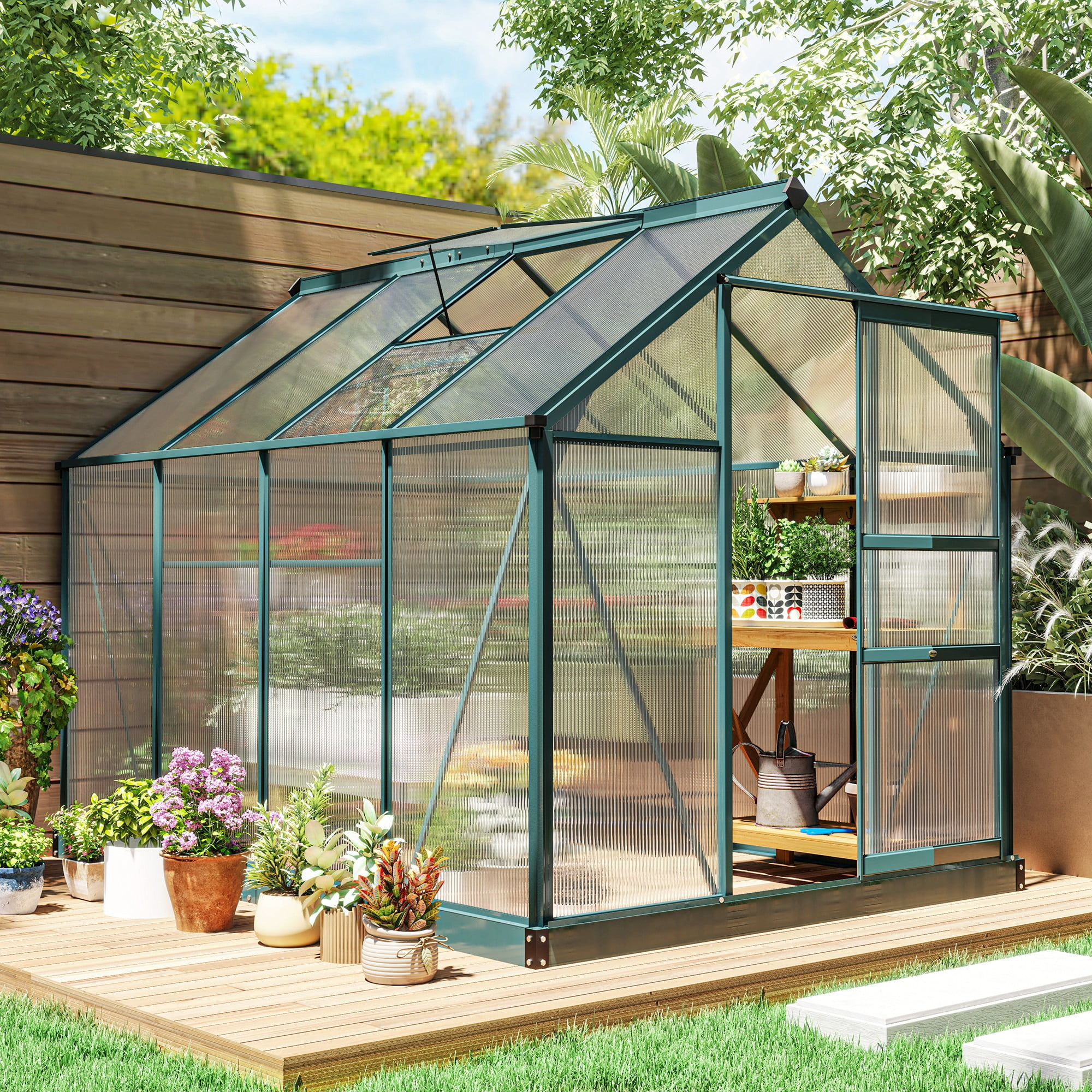 Outsunny 6.2' x 8.3' x 6.6' Polycarbonate Greenhouse, Heavy Duty Outdoor Aluminum Walk-in Green House Kit with Vent & Door for Backyard Garden, Green
