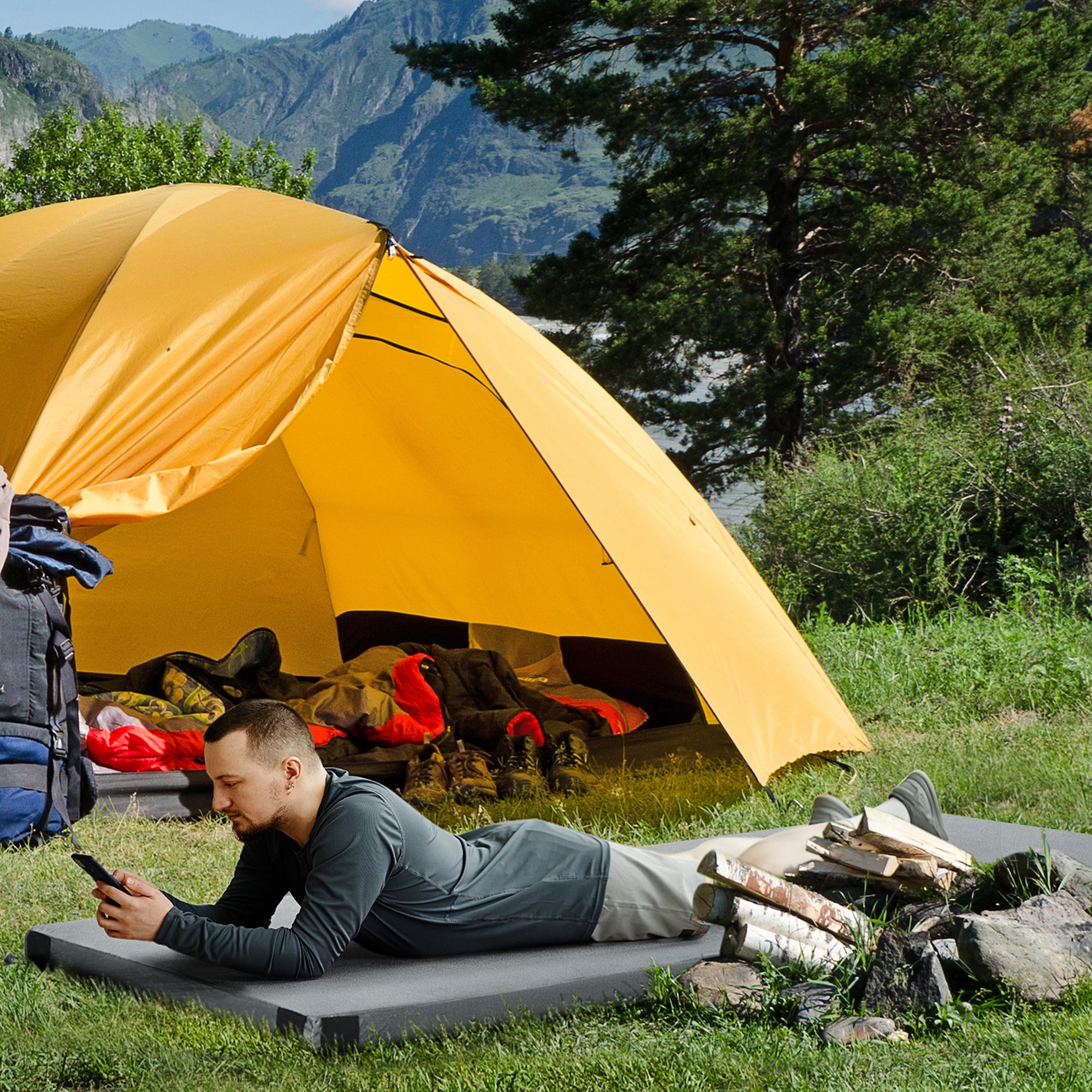 Outsunny Camping Mattress Pad with Dual-Foam Memory Foam Sleeping Pad, Gray