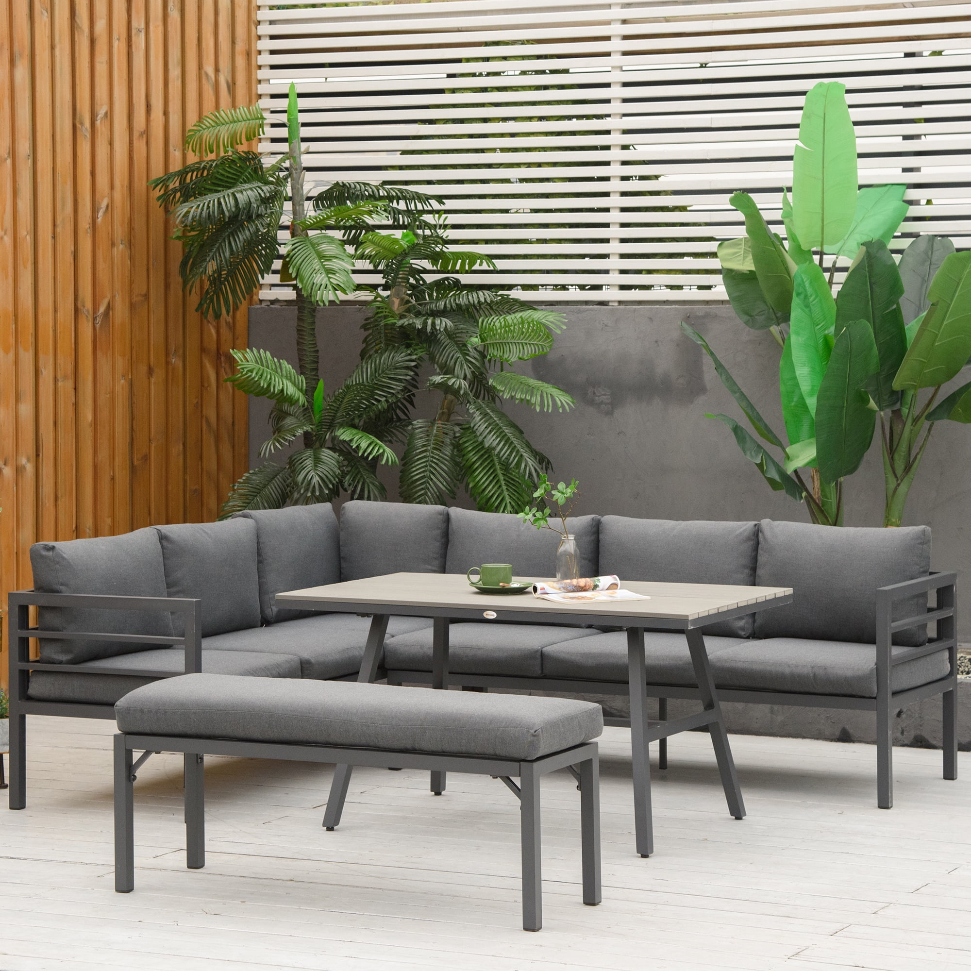 Outsunny L-shaped Sectional Sofa, 2 Couches, Table, Bench, Gray