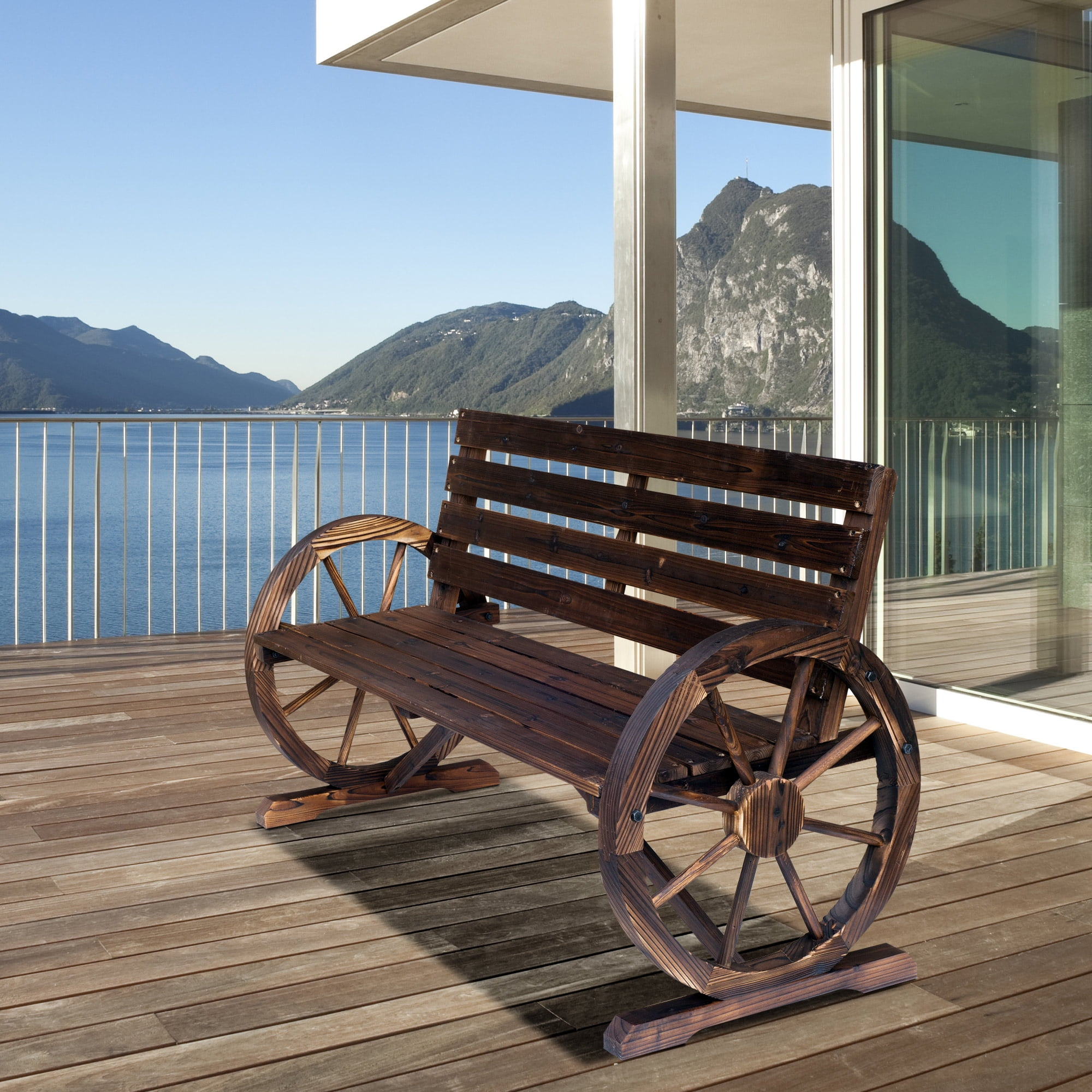CKPFVY Wooden Wagon Wheel Bench  Rustic Outdoor Patio   2-Person Seat Bench for Backyard  Patio  Garden  41.5" x 23.25" x 29.5"  Brown