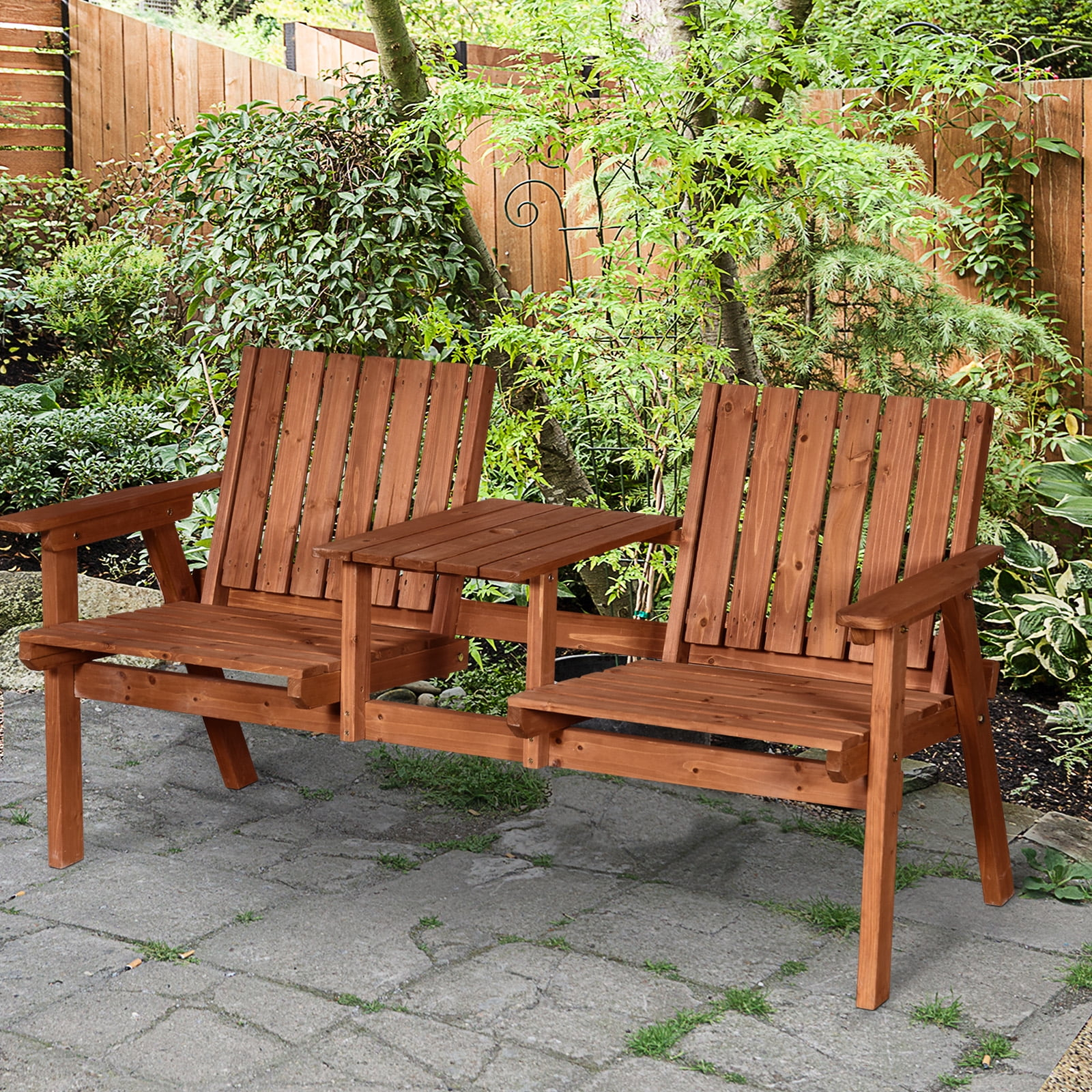 Outsunny Patio Bench, Wood Garden Bench with Center Table & Umbrella Hole, Wooden Outdoor 2 Chair Set, Slatted, Varnished, Orange