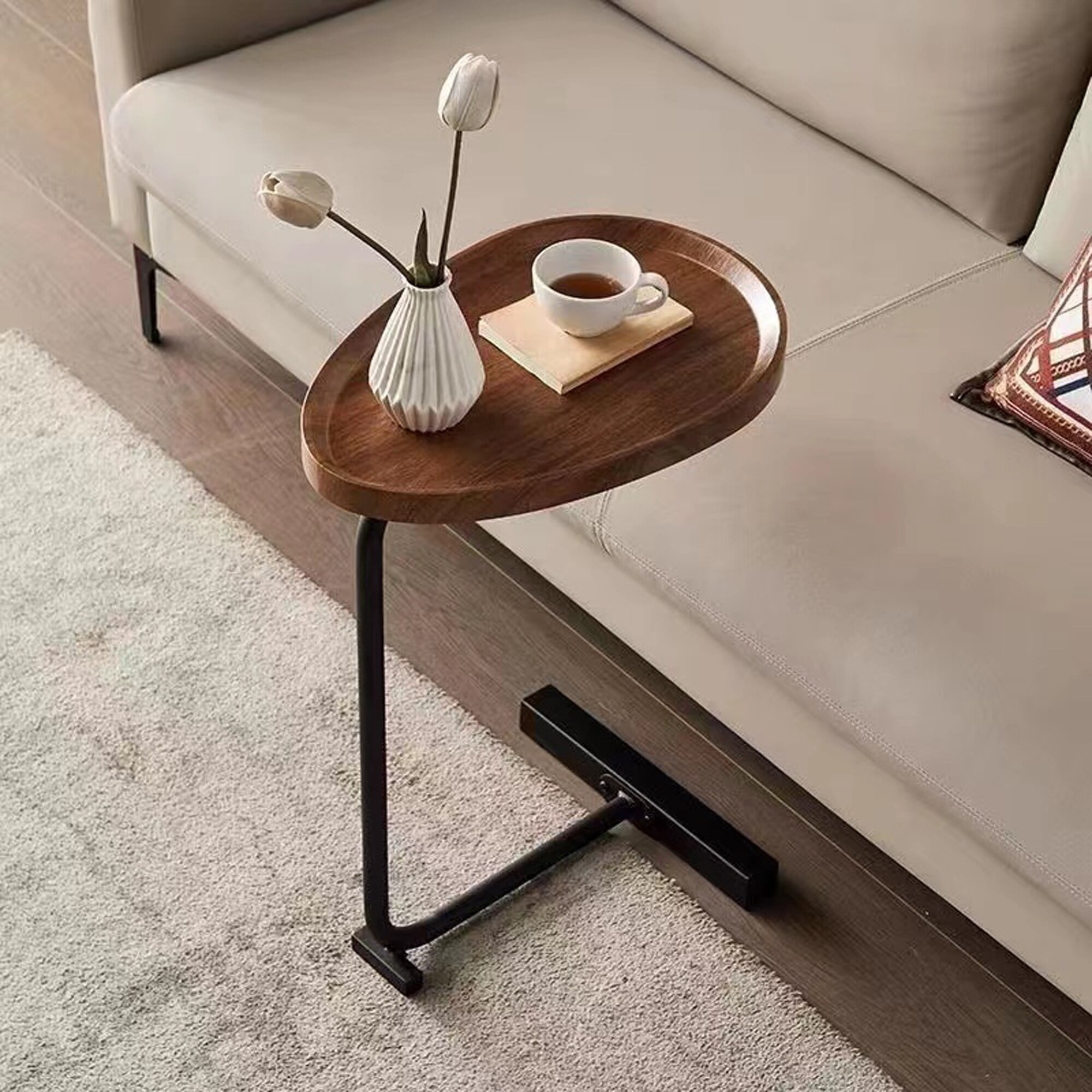 Oval Side Table Small Sofa Table with Metal Material and Steel Material and MDF End Table Living Room Center Table Brown