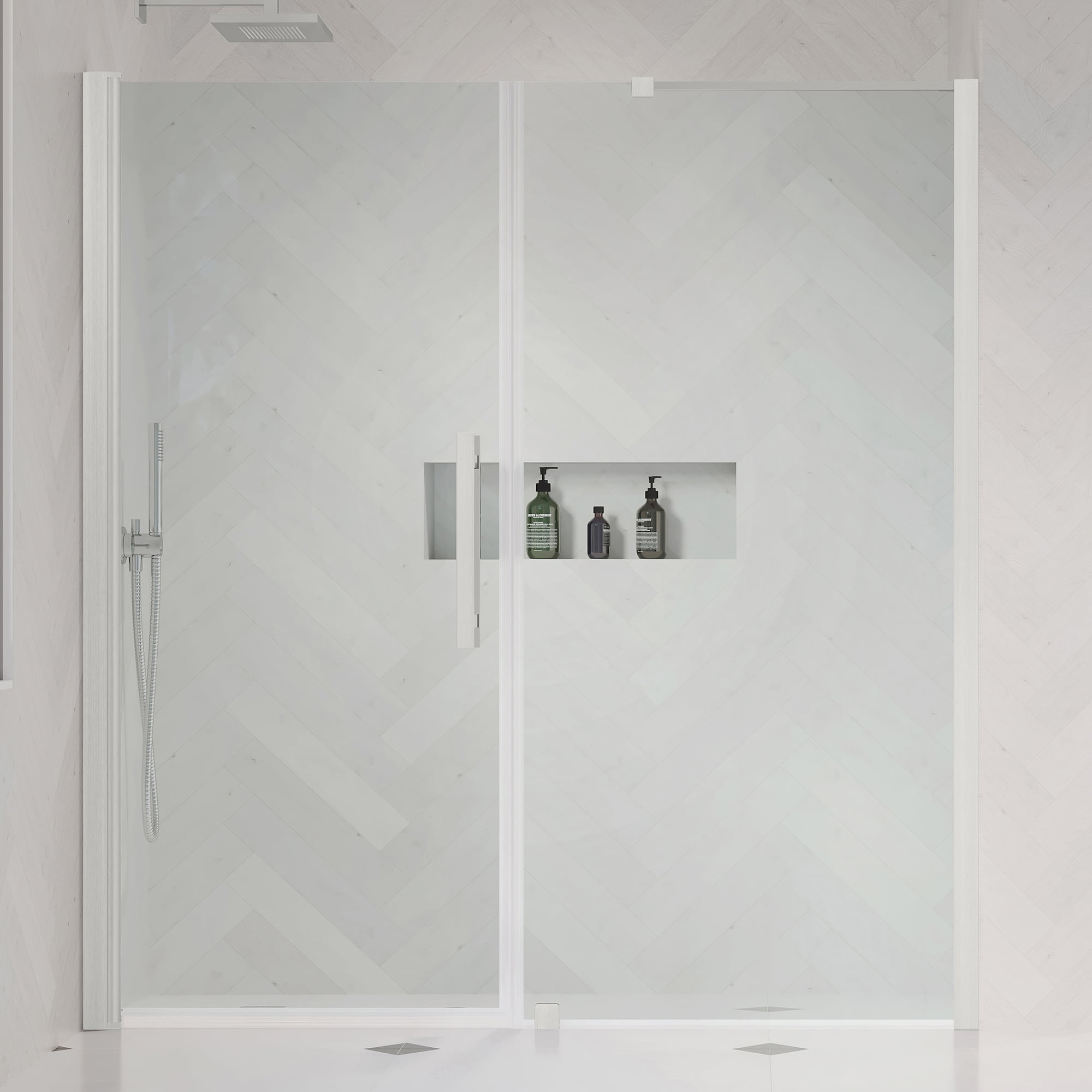 Ove Decors Pasadena 66-5/8 in. W x 72 in. H Alcove Pivot Frameless Shower Door in Nickel