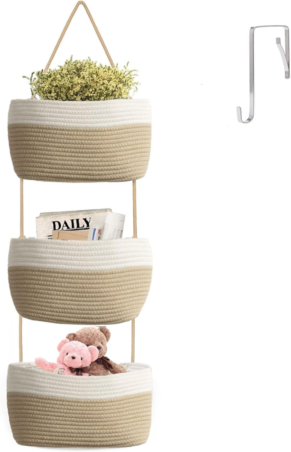 TeoKJ Over the Door Hanging Baskets with Button Strap, 3-Tier Woven Cotton Storage Organizer Bag, Wall-Mounted with Hook Decorative Hanging Kitchen Baskets - White