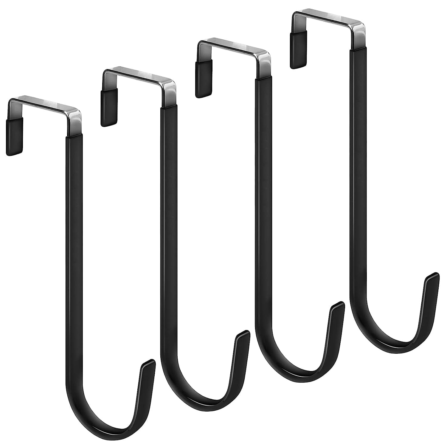Over The Door Hooks, 4 Pack Upgraded Long Door Hangers Hooks with Rubber Prevent Scratches Heavy Duty Organizer Hooks for Hanging Clothes, Towels, Hats, Coats, Bags Black