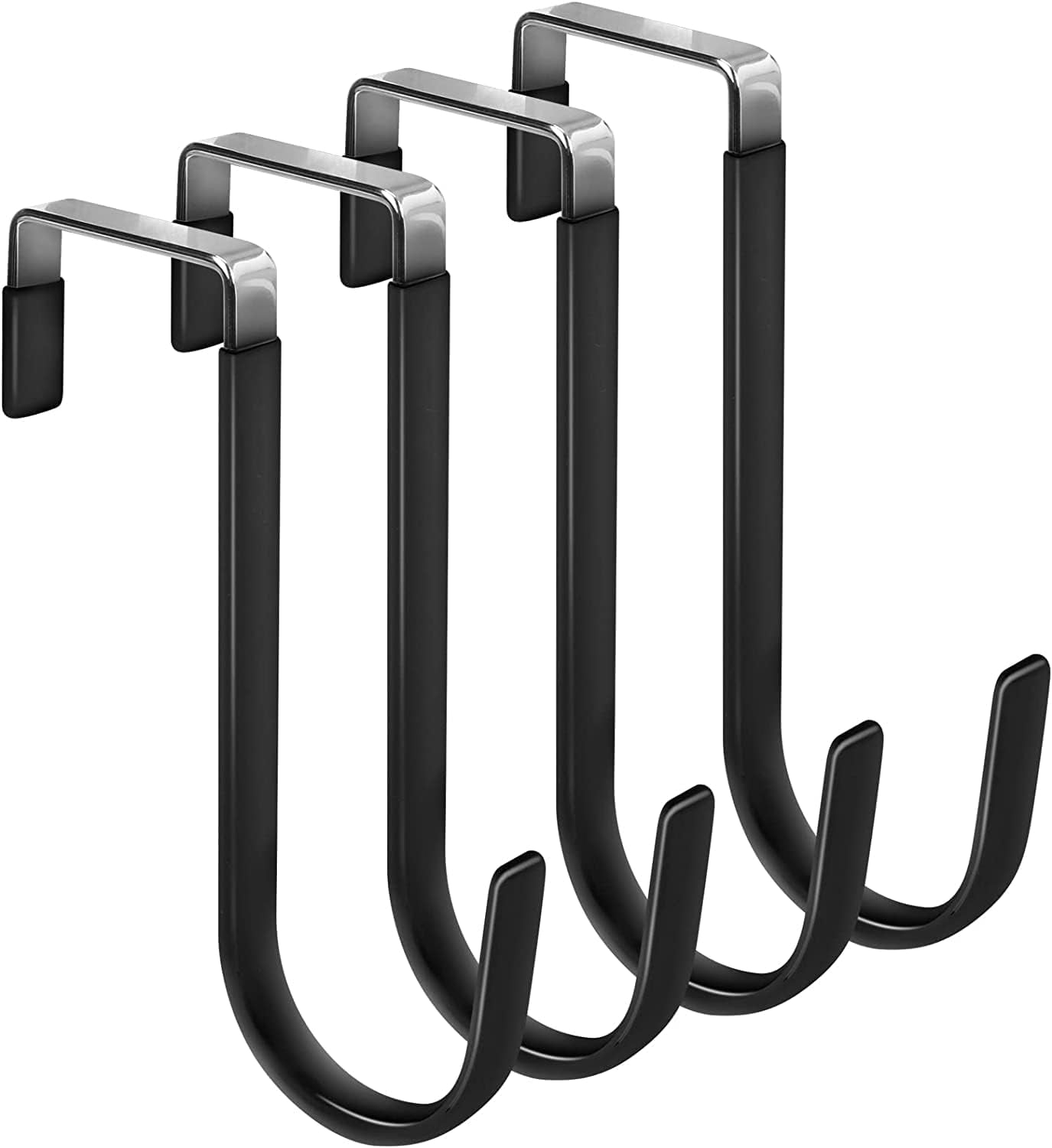Over The Door Hooks, 4 Pack Upgraded Long Door Hangers Hooks with Rubber Prevent Scratches Heavy Duty Organizer Hooks for Hanging Clothes, Towels, Hats, Coats, Bags Black