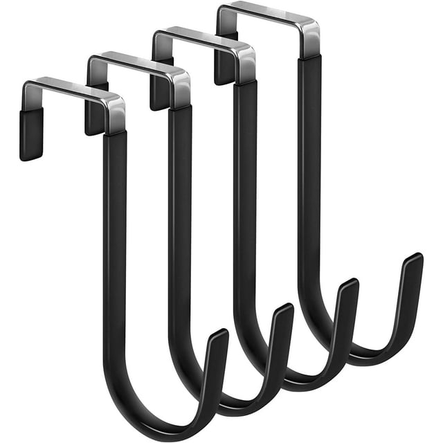 Over The Door Hooks, 4 Pack Upgraded Long Door Hangers Hooks with Rubber Prevent Scratches Heavy Duty Organizer Hooks for Hanging Clothes, Towels, Hats, Coats, Bags Black
