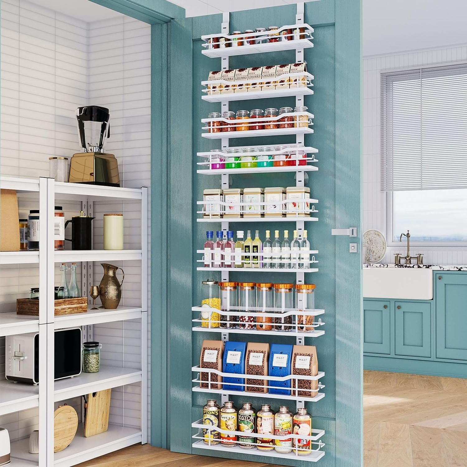 Over The Door Pantry Organizer，9-Tier Over The Door Organizer with Adjustable Basket，Metal Hanging Pantry Organizers and Storage for Kitchen, Back of Door Seasoning Rack (Black)