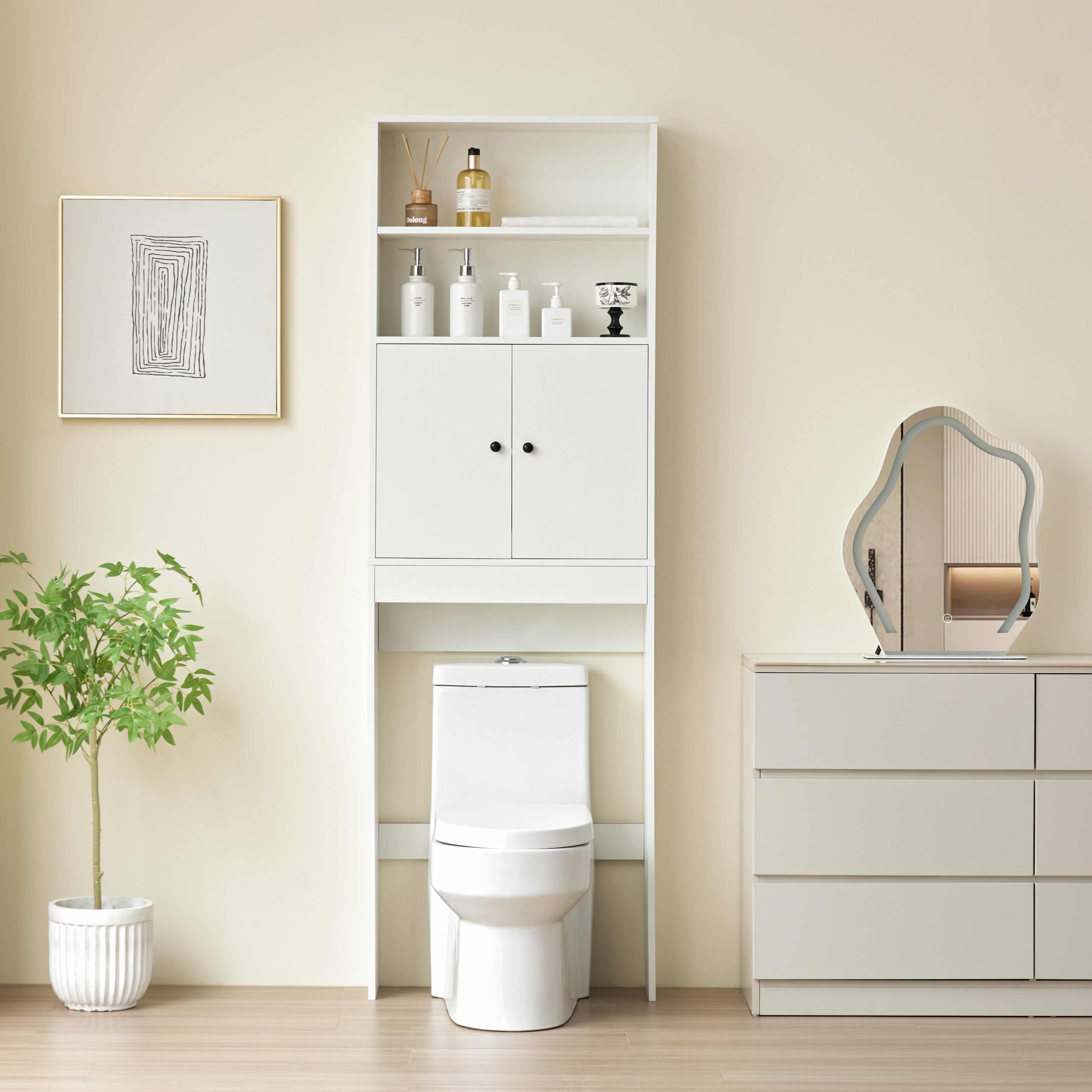 Kadyn Over The Toilet Storage Cabinet, Farmhouse Storage Cabinet Over Toilet with 2 Barn Door & Toilet Paper Holder Stand,Home Space-Saving Toilet Rack,for Bathroom,Restroom, Laundry-white