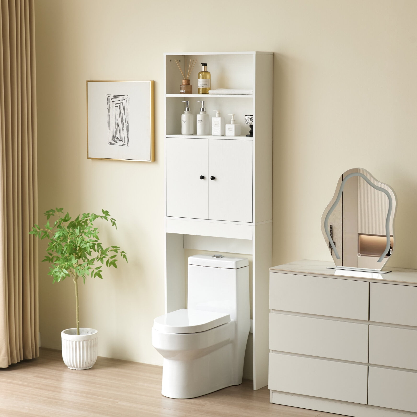 Kadyn Over The Toilet Storage Cabinet, Farmhouse Storage Cabinet Over Toilet with 2 Barn Door & Toilet Paper Holder Stand,Home Space-Saving Toilet Rack,for Bathroom,Restroom, Laundry-white