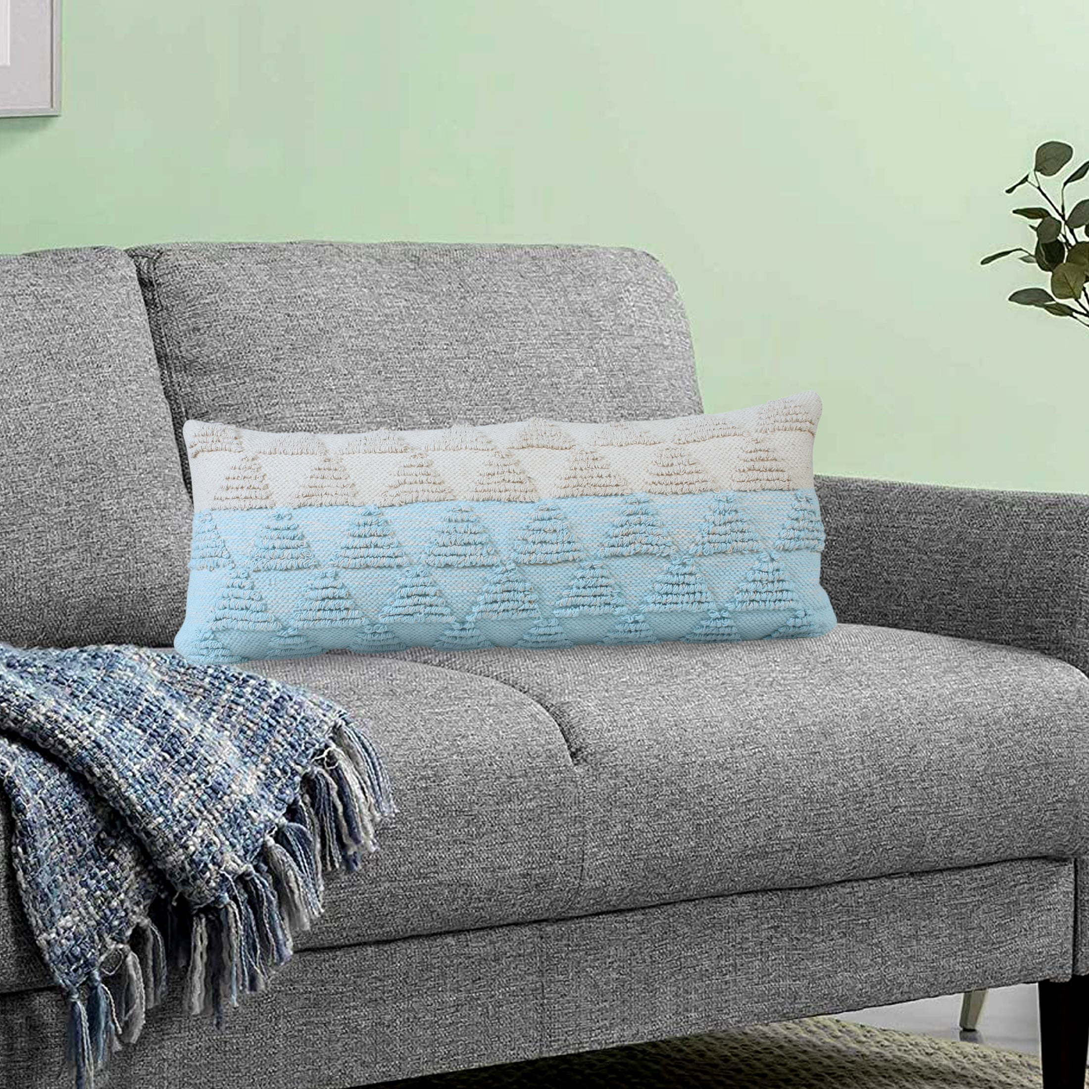 Ox Bay 14" x 36" Hand-Woven Blue/ White Geometric Organic Cotton Pillow Cover
