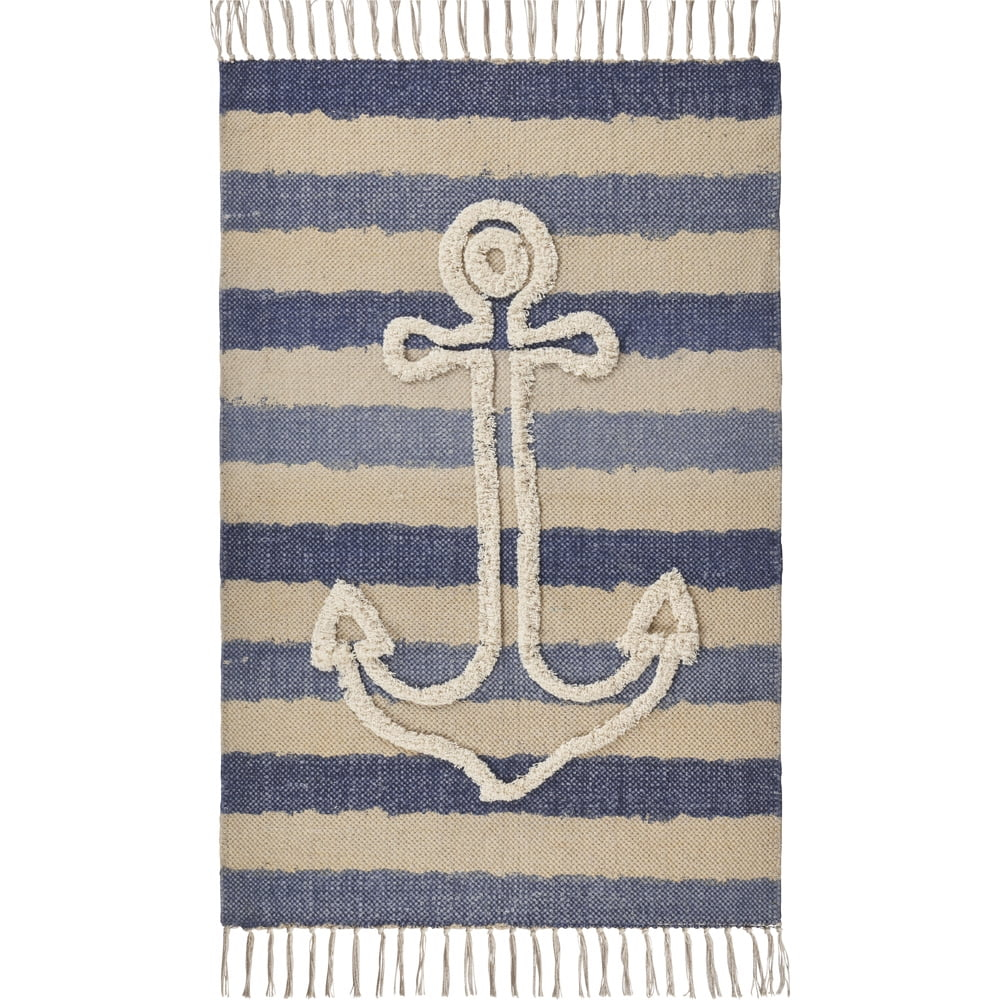 Ox Bay Blair 2'6" x 3'9" Blue/Beige Shag Anchor Striped Durable Indoor Area Rug