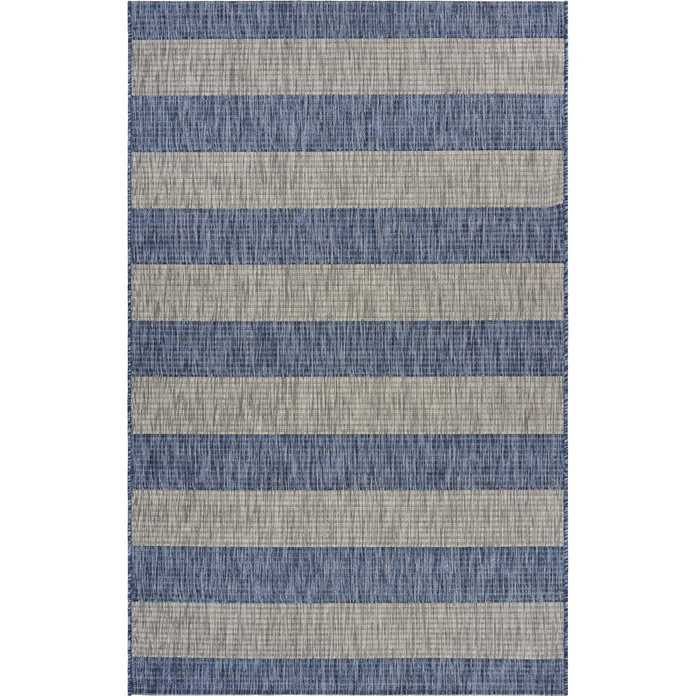 LR Home Camila 7'9" x 9'9", Gray/Blue Stripe Fade, Stain, and Moisture Resistant Indoor/Outdoor Area Rug