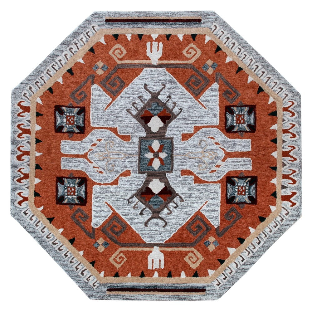 Ox Bay Terracotta Textile Southwestern Shape Rug, 4 ft. Octagon, Terracotta / Gray