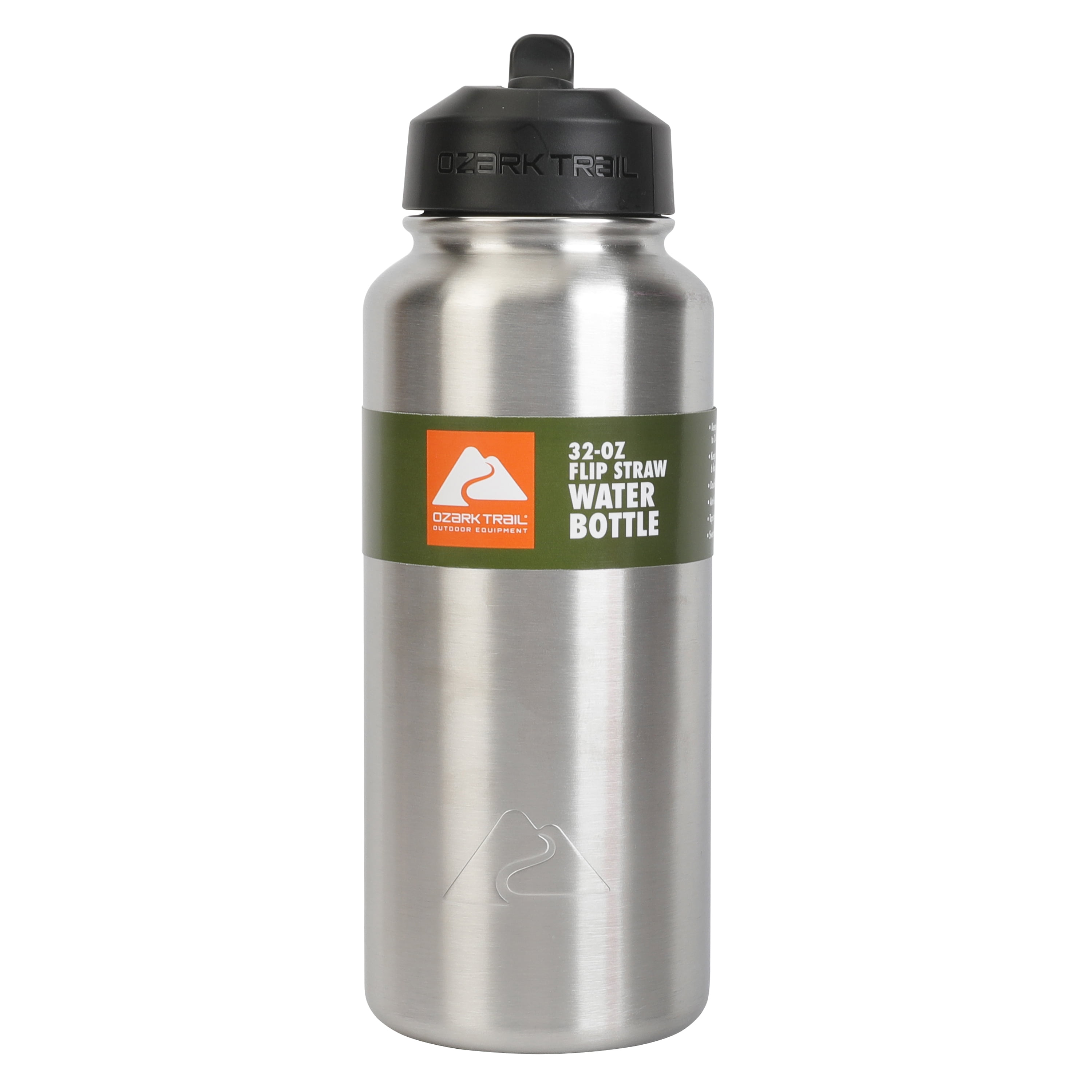 Ozark Trail 32 oz Insulated Stainless Steel, Wide Mouth Water Bottle, Loop Handle, Flip Lid, Silver