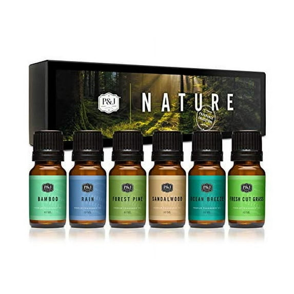 P&J Trading Nature Set of 6 Premium Grade Fragrance Oils - Forest Pine, Ocean Breeze, Rain, Fresh Cut Grass, Sandalwood, Bamboo - 10ml