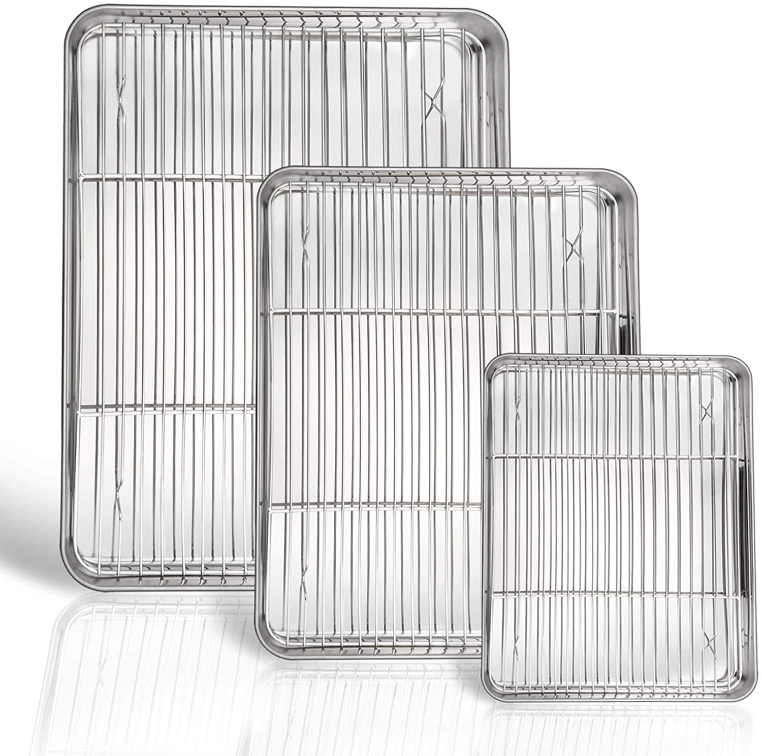 P&P CHEF Baking Sheet and Rack Set, 6 PACK (3 Sheets 3 Racks), Stainless Steel Baking Cookie Sheets Pans with Cooling Rack for Baking and Roasting, Oven & Dishwasher Safe 16"+12.5"+9" (3 Pans+3 Racks)