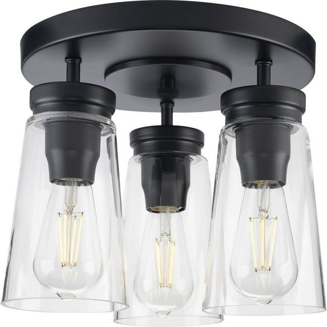 Progress Lighting Stockbrace 3-Light Flush Mount Ceiling Light, Matte Black, Clear Glass Shade