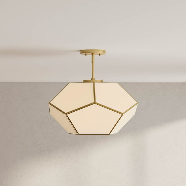 Progress Lighting Latham 3-Light Semi-Flush Mount, Vintage Gold, White Art Glass. Geometric framework with handmade glass.