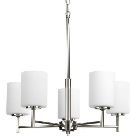 Progress Lighting Replay 5-Light Chandelier, Steel, Polished Nickel, White Glass Shades