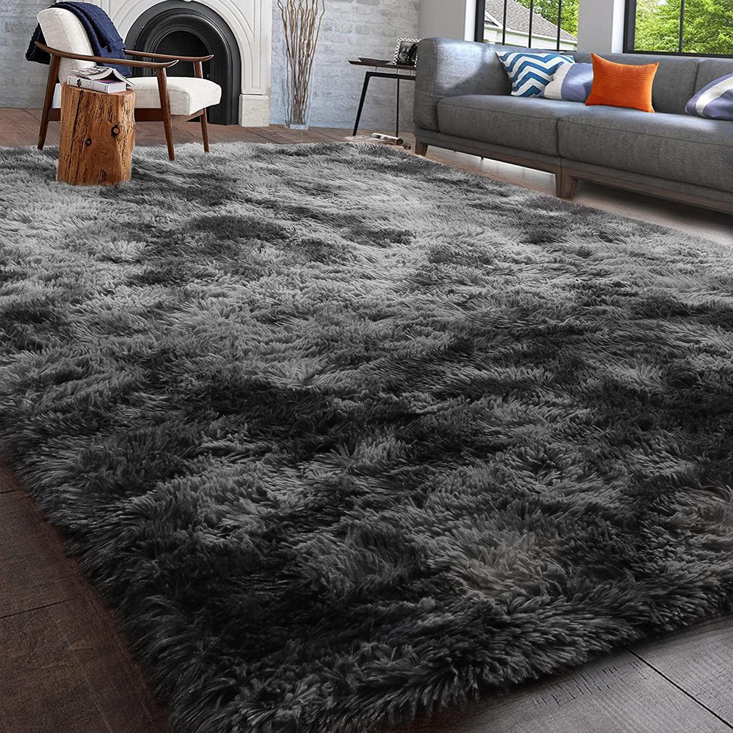 PAGISOFE Abstract Shaggy Area Rug 4' x 6' Plush Furry Rugs for Living Room, Tie-Dyed Dark Grey Soft Fluffy Rugs for Bedroom Grils Boys, Fuzzy Rugs for Nursery, Dorm. Shag Carpet for Kids Room Decor