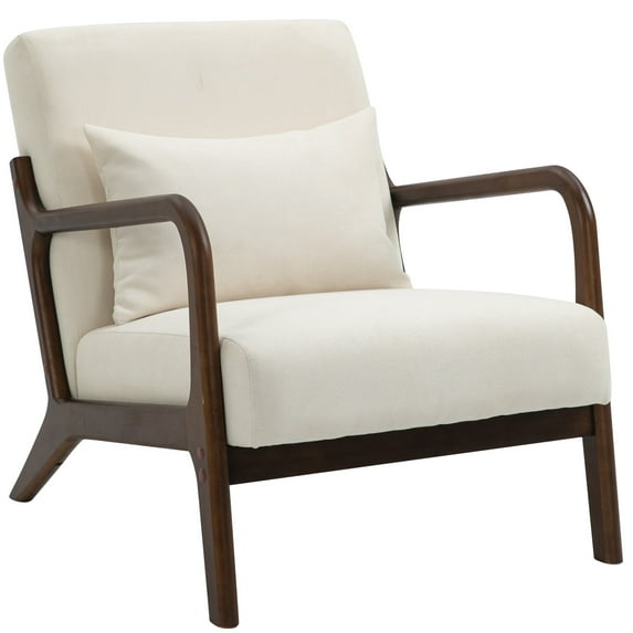 PAPROOS Mid-Century Modern Accent Chair, Velvet Fabric Arm Chair with Wood Frame and Pillow, Upholstered Armchair Comfort Reading Chair Lounge Chair for Living Room Bedroom Sunroom, Beige