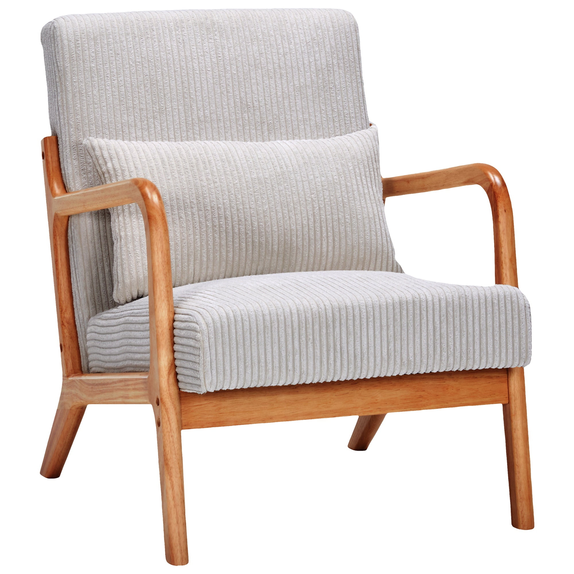 PAPROOS Mid-Century Modern Accent Chair, Velvet Fabric Arm Chair with Wood Frame and Pillow, Upholstered Armchair Comfort Reading Chair Lounge Chair for Living Room Bedroom Sunroom, Beige