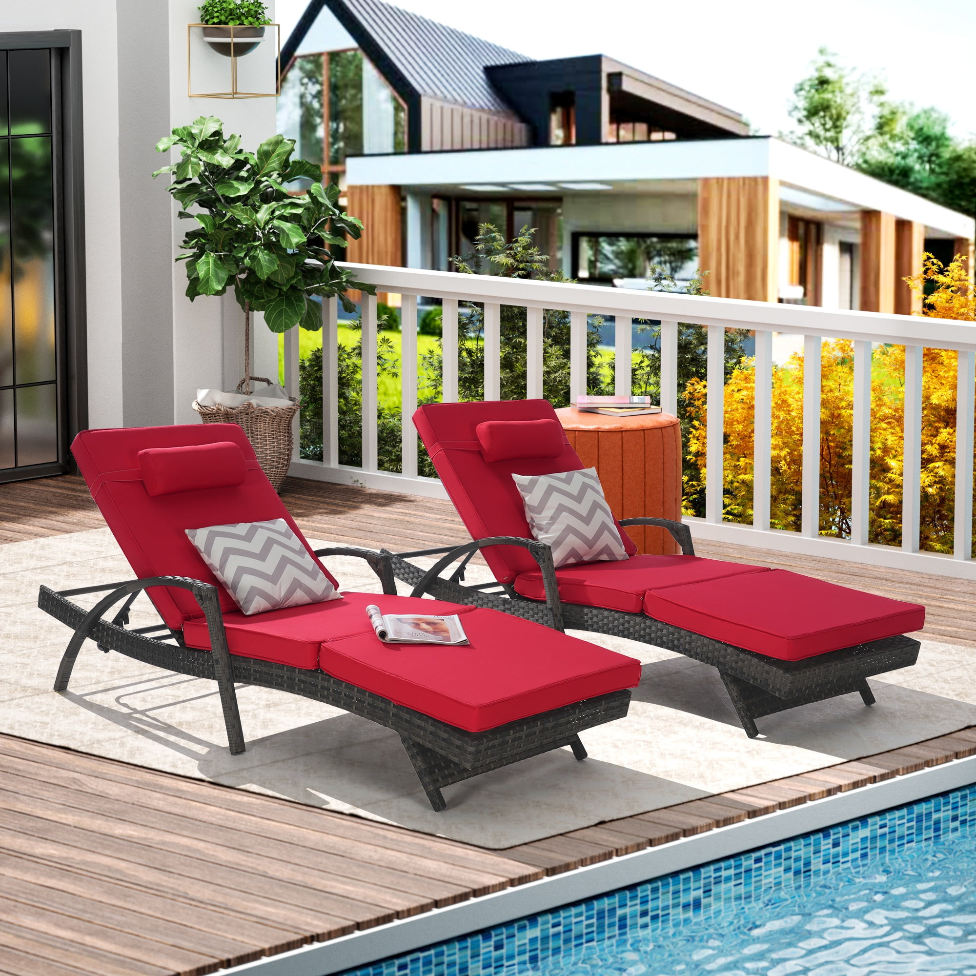 PAPROOS Outdoor Chaise Lounge Chair Set of 2, Rattan Patio Chaise Lounge Chair with Cushion and Arms, Modern 5-Positions Adjustable Outdoor Lounger Recliner for Poolside, Garden, Backyard, Red