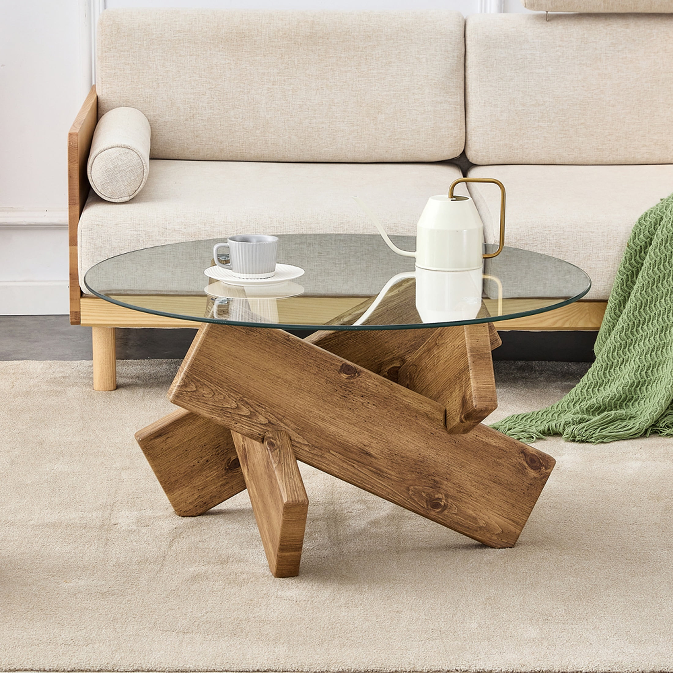 PAPROOS Round Coffee Table for Living Room, Modern Small Coffee Table with Tempered Glass Countertop and Patterned MDF Legs, Enter Table Side Table Glass Coffee Table, Easy Assembly, Natural Wood