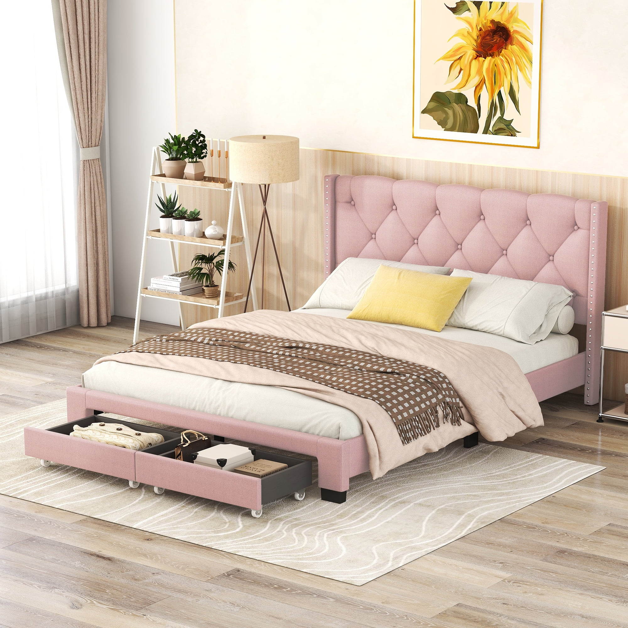 PAPROOS Upholstered Platform Bed with Storage, Queen Size Linen Upholstered Bed Frame with Button Tufted Headboard and 2 Drawers, Queen Bed Frame for Teens Adults, No Box Spring Needed, Pink