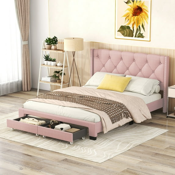 PAPROOS Upholstered Platform Bed with Storage, Queen Size Linen Upholstered Bed Frame with Button Tufted Headboard and 2 Drawers, Queen Bed Frame for Teens Adults, No Box Spring Needed, Pink