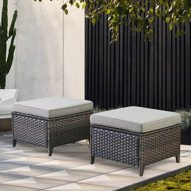 PARKWELL 2PCS  Outdoor Wicker Ottoman Patio Rattan Furniture Metal Footrest Seat Square Footstool Patio Furniture w/ Gray Cushion